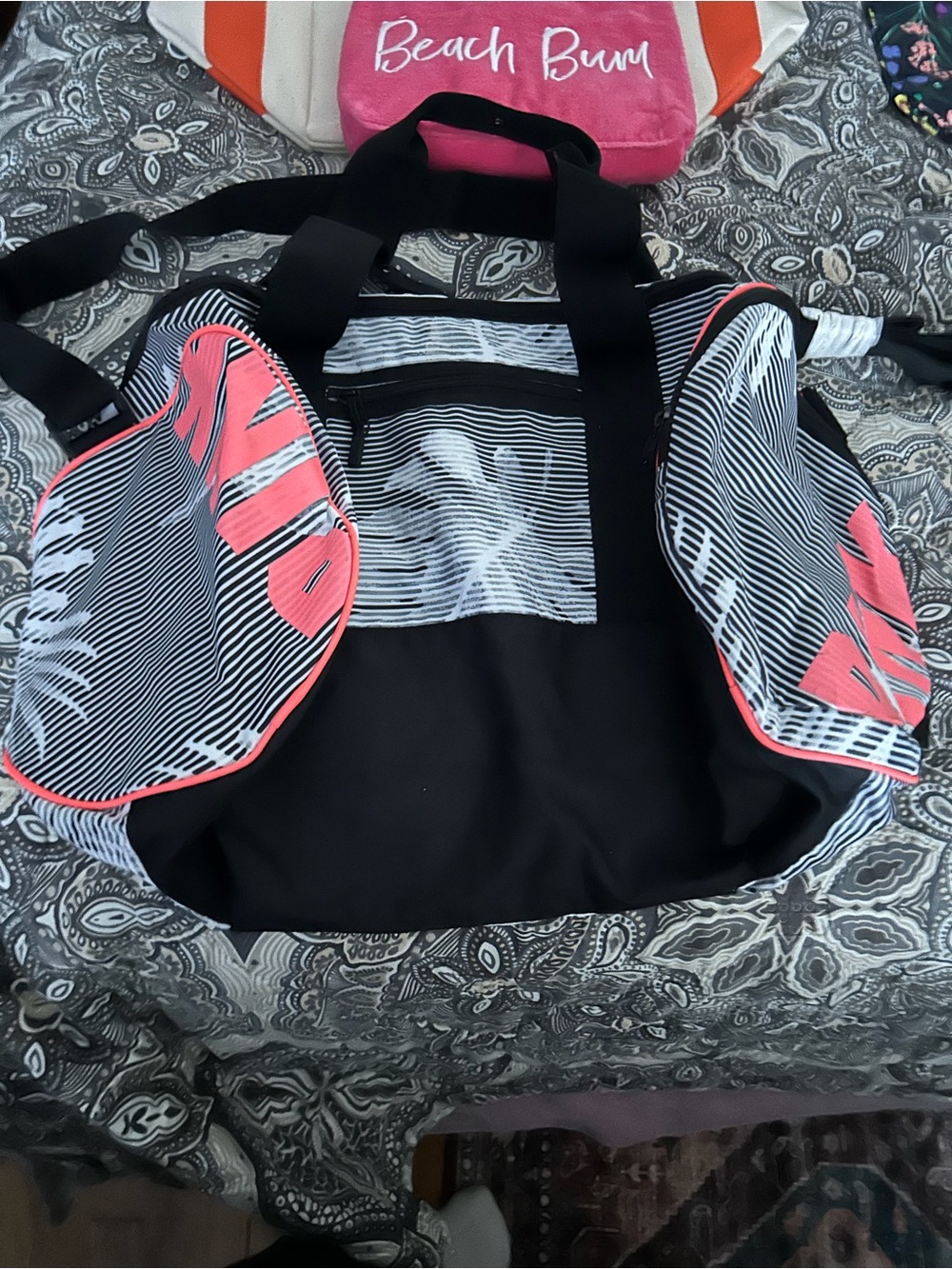 PINK Victoria's Secret Black and Coral Striped Shoulder Bag